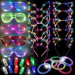 50Pcs Glow Party Favors with 10 Pcs LED Glasses 5 Pcs LED Cat Ear Headband 5 Pcs Rabbit Ear Headband 10 LED Bracelets 20 finger lights Glow In The Dark Party Supplies For Adult Kid Christmas Halloween